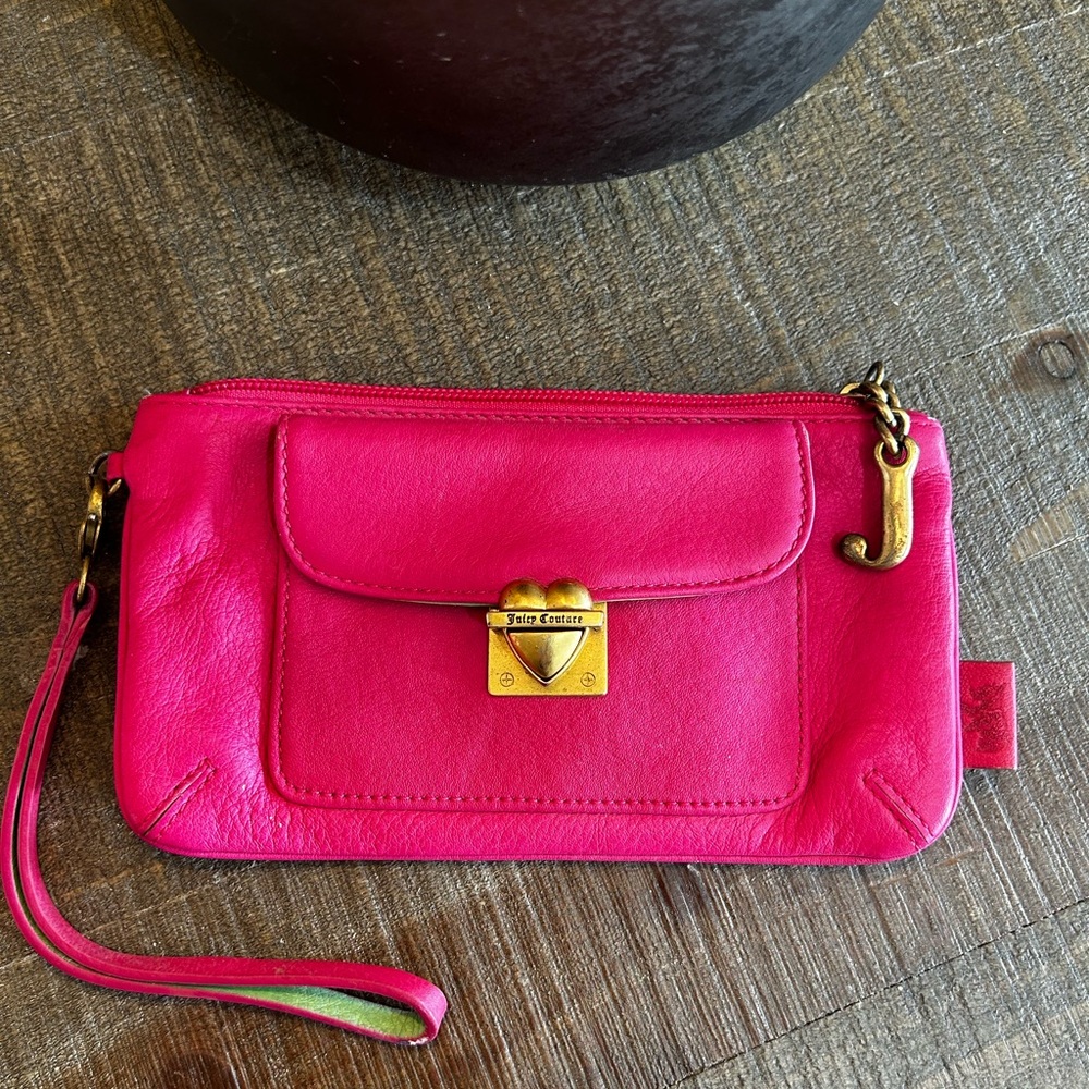 Juicy Couture Bright Pink Leather Wristlet with Gold Hardware